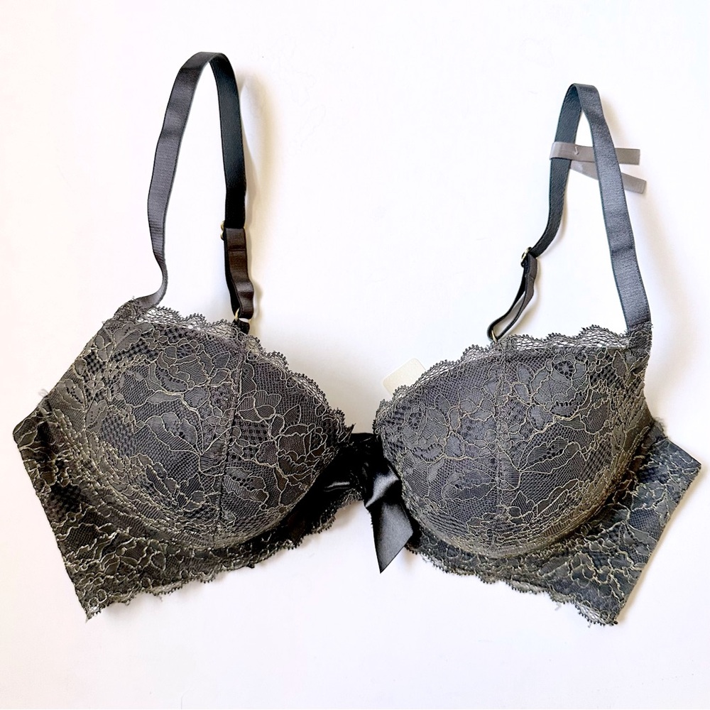 Aerie Limited Edition Reese Push Up Bra Grey Gunmetal Gold Lace Bow 36D